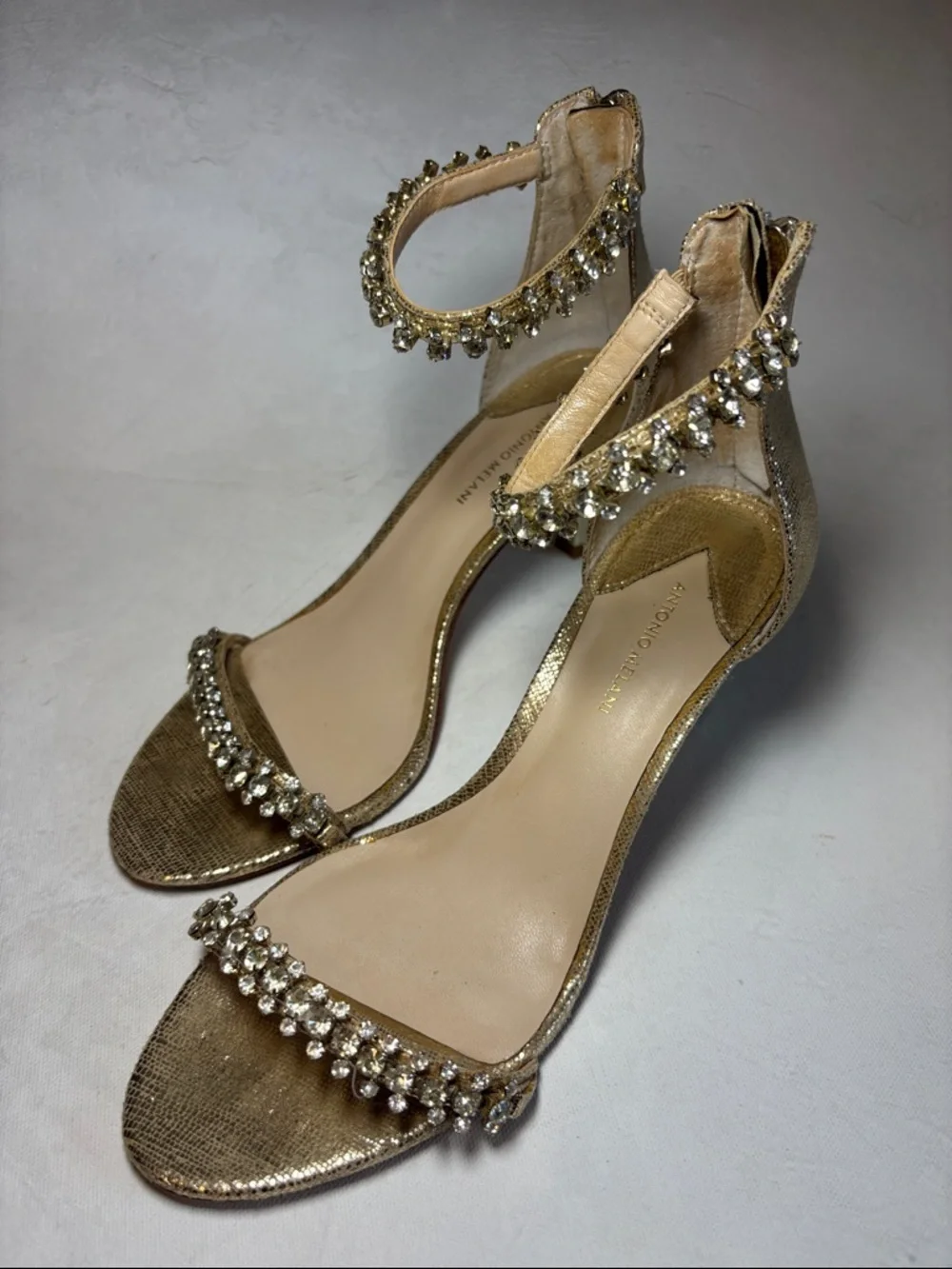 ANTONIO MELANI Gold Rhinestone Ankle-Strap Heels, size 7.5